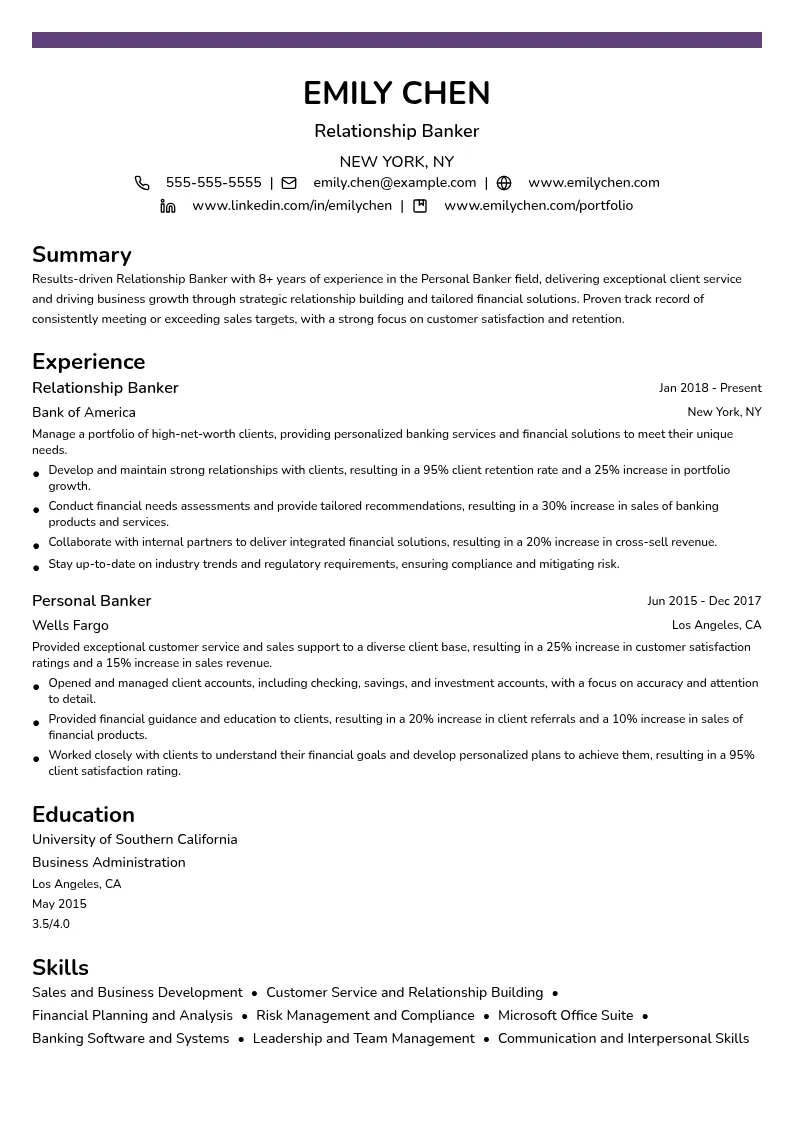 Relationship Banker resume example
