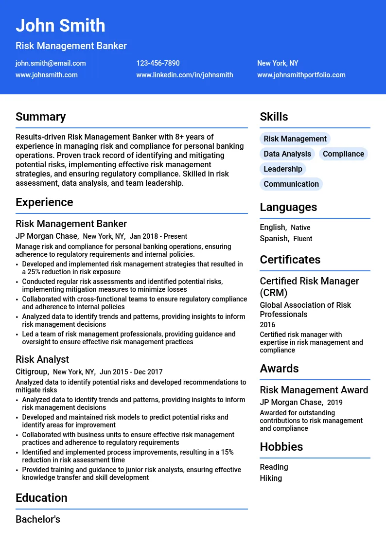 Risk Management Banker resume example