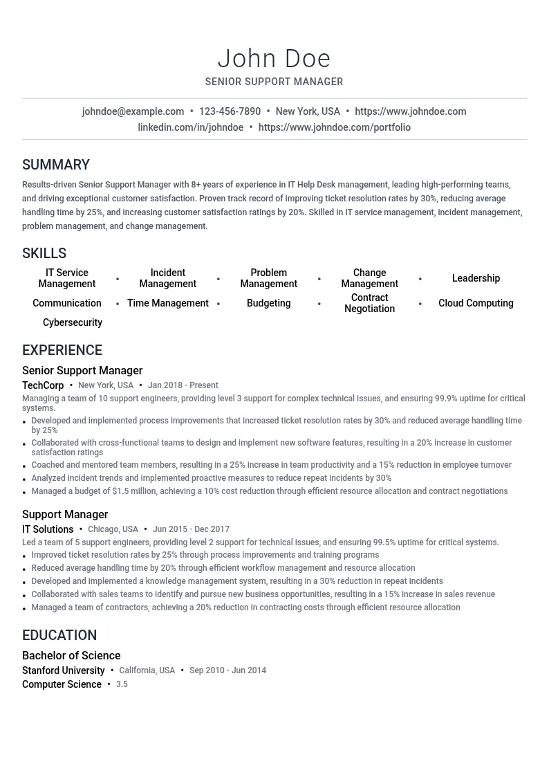 Senior Support Manager resume example