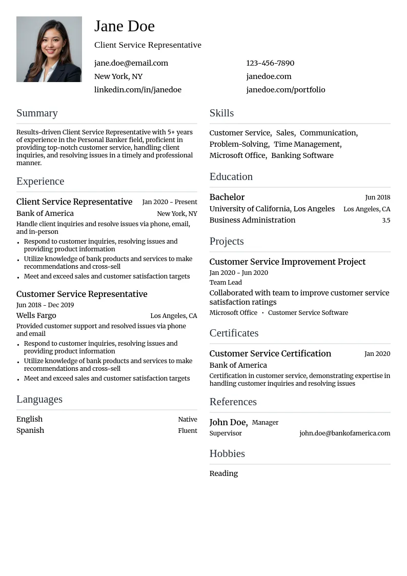 Client Service Representative resume example