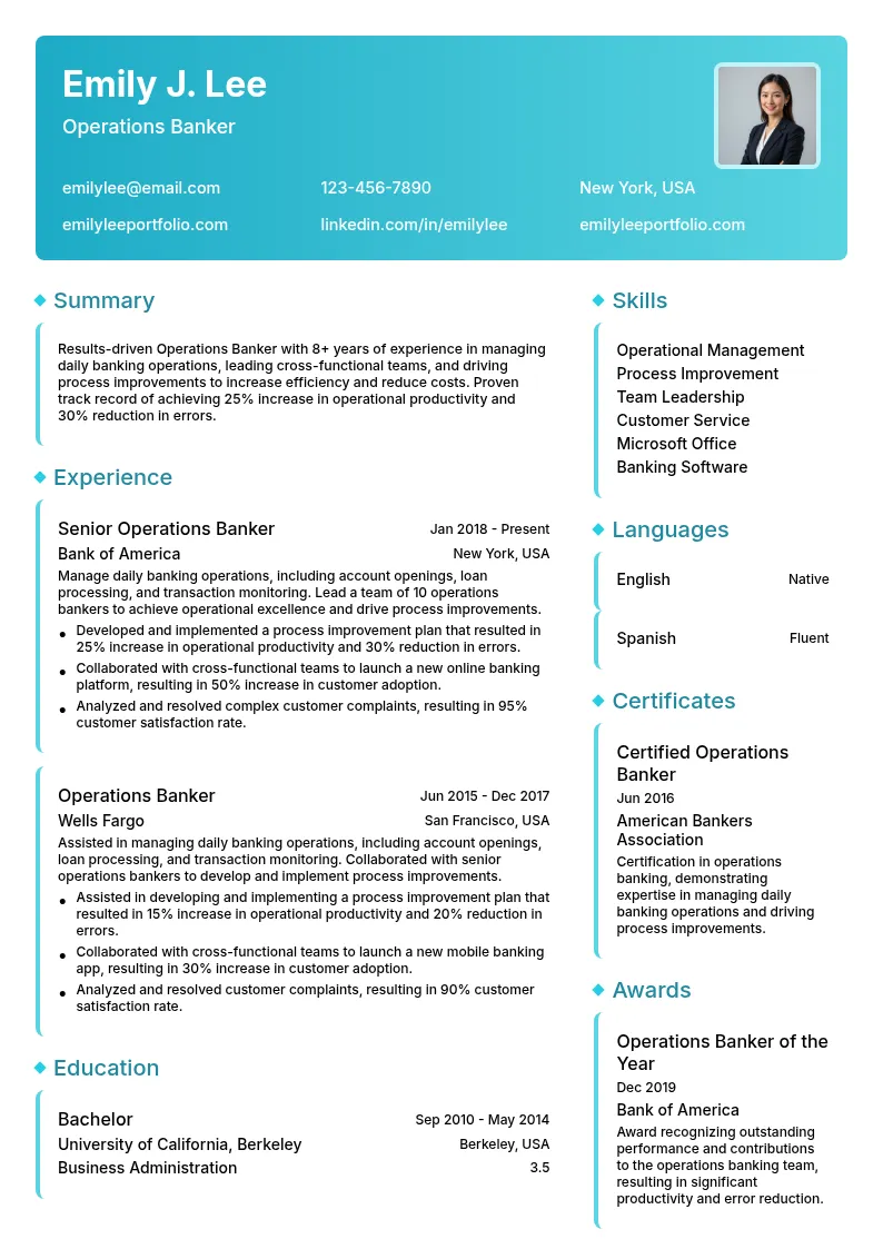 Operations Banker resume example