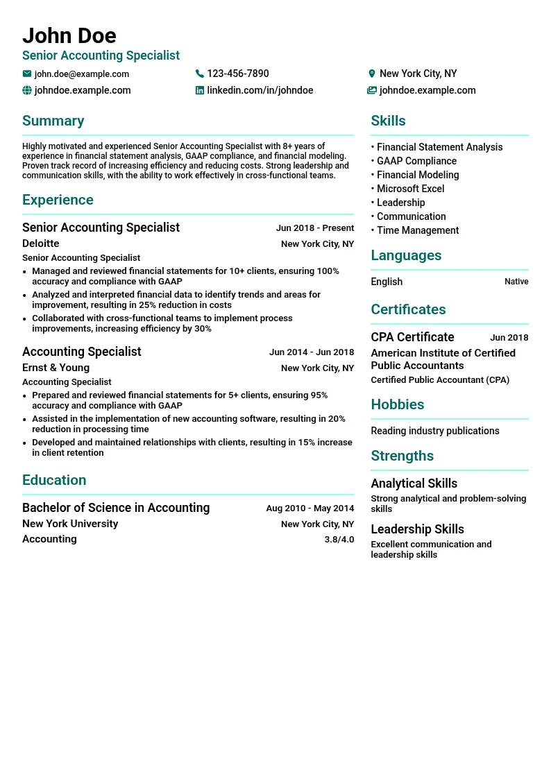 Senior Accounting Specialist resume example