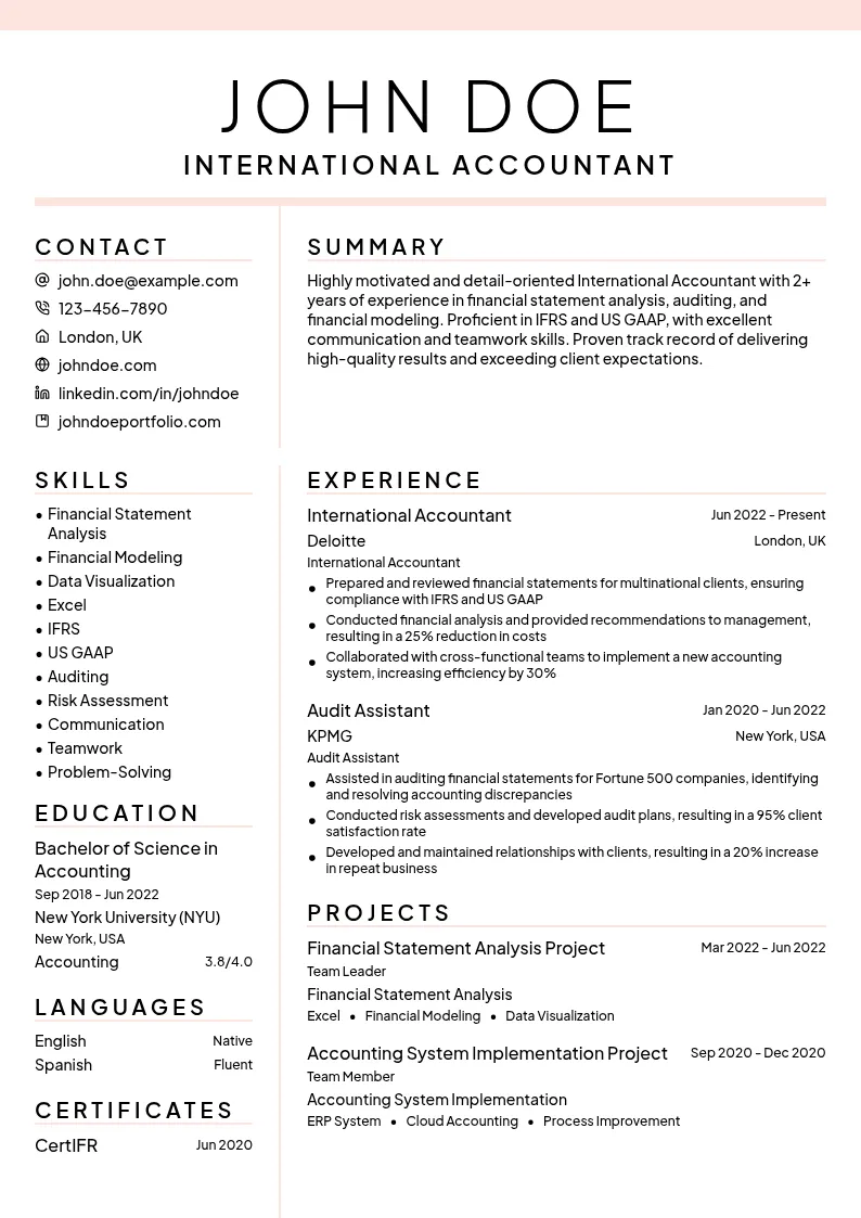 International Accountant resume example