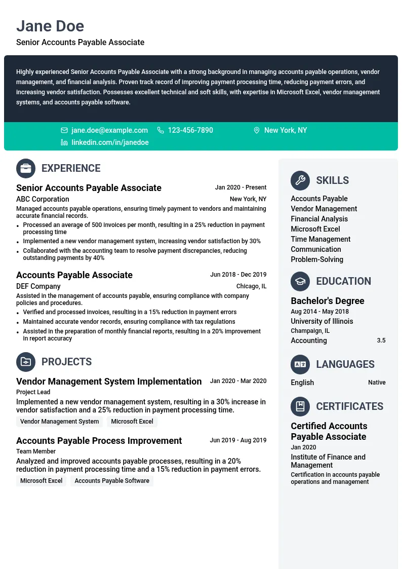 Senior Accounts Payable Associate resume example