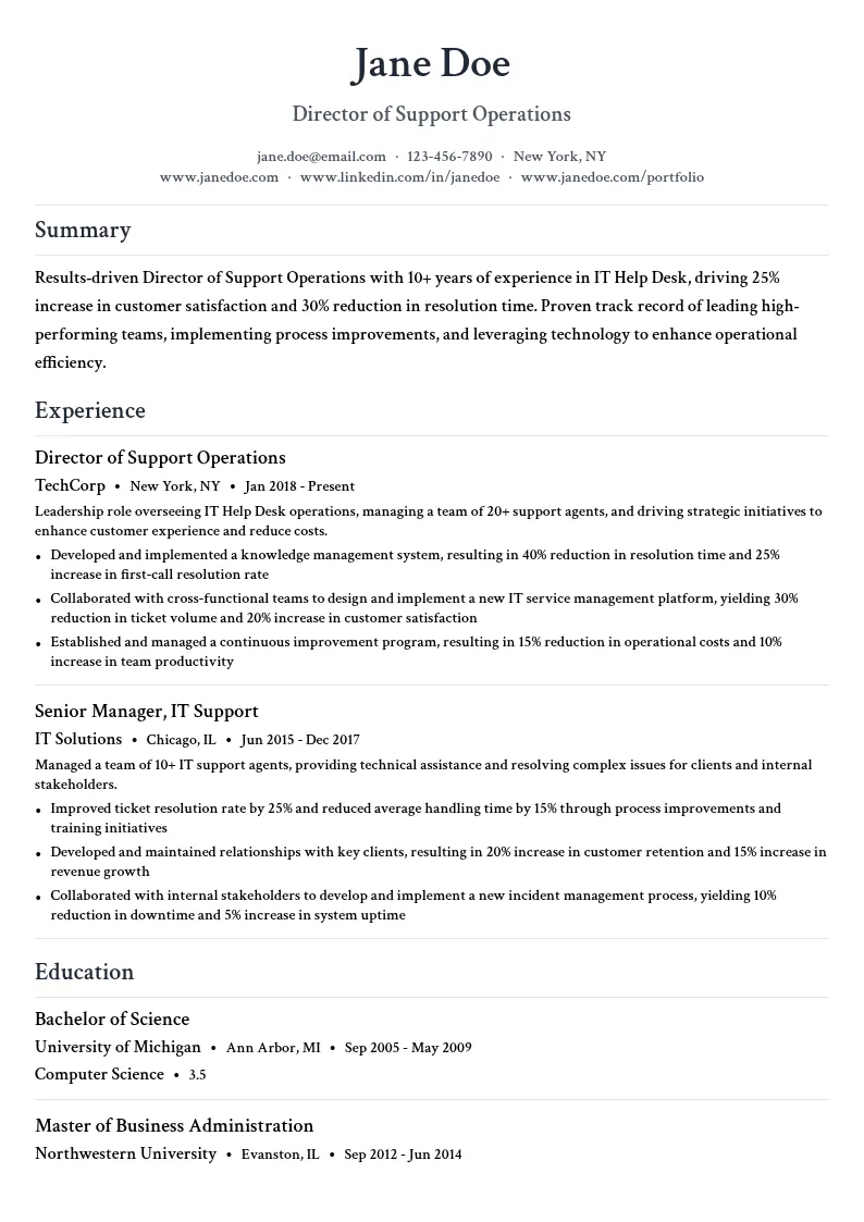 Director of Support Operations resume example