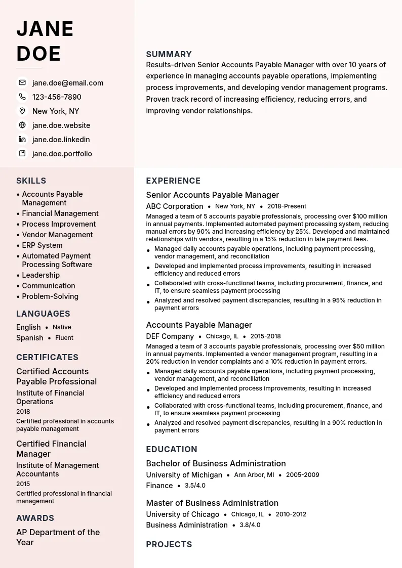 Senior Accounts Payable Manager resume example