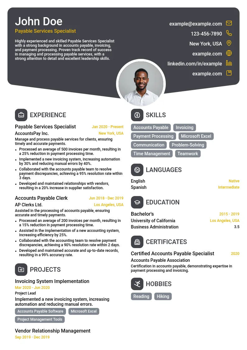 Payable Services Specialist resume example