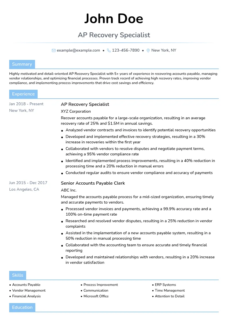 AP Recovery Specialist resume example