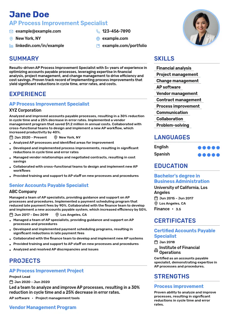 AP Process Improvement Specialist resume example
