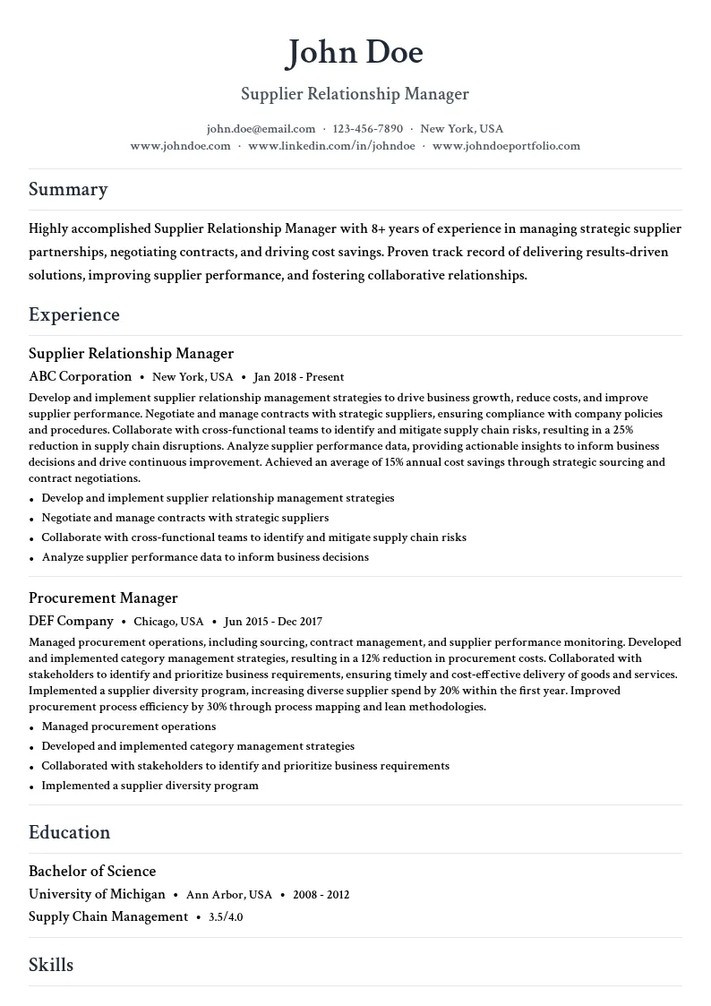 Supplier Relationship Manager resume example