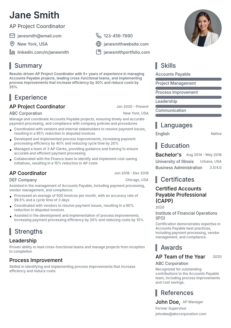 AP Project Coordinator resume example