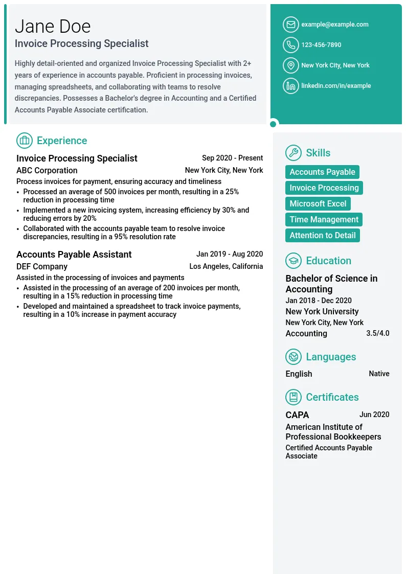 Invoice Processing Specialist resume example