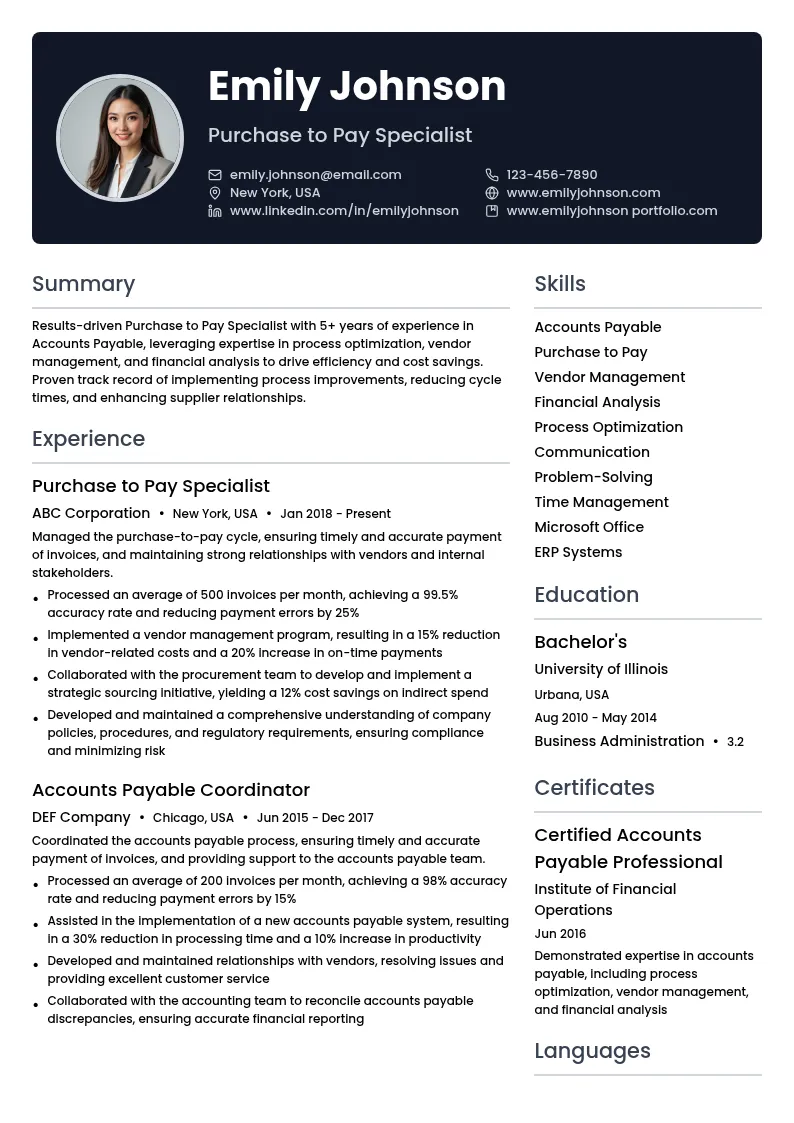 Purchase to Pay Specialist resume example