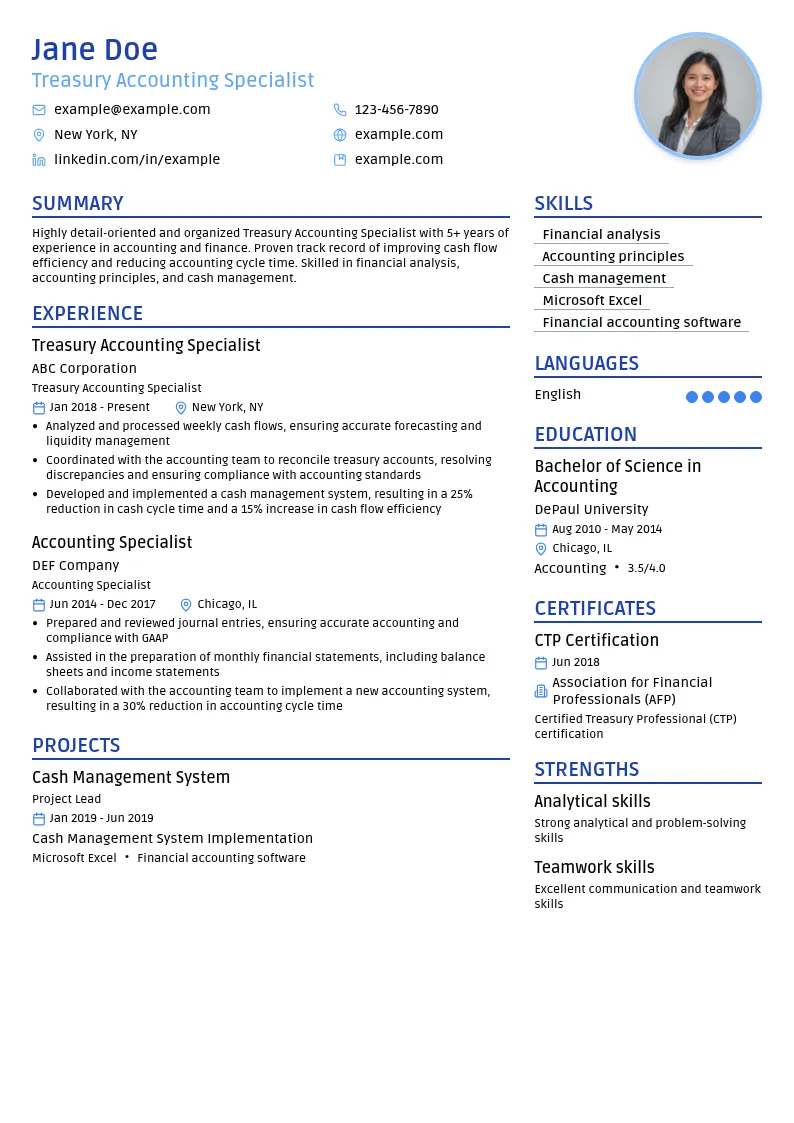 Treasury Accounting Specialist resume example