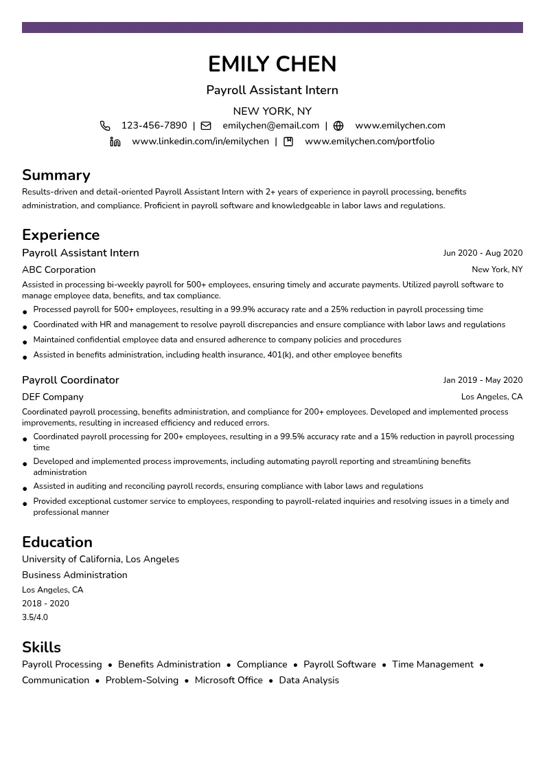 Payroll Assistant Intern resume example