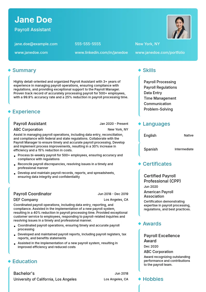 Payroll Assistant resume example