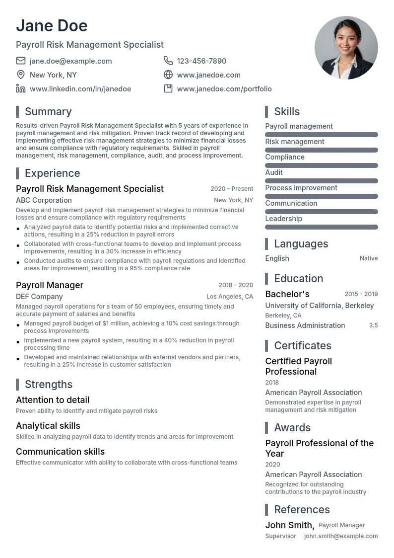Payroll Risk Management Specialist resume example
