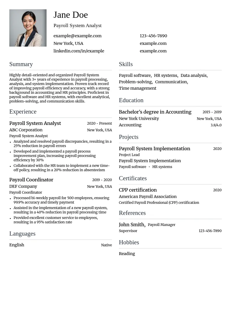 Payroll System Analyst resume example