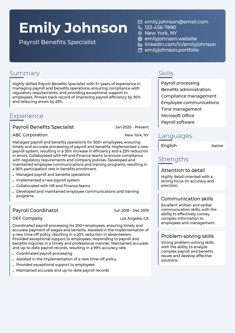Payroll Benefits Specialist resume example