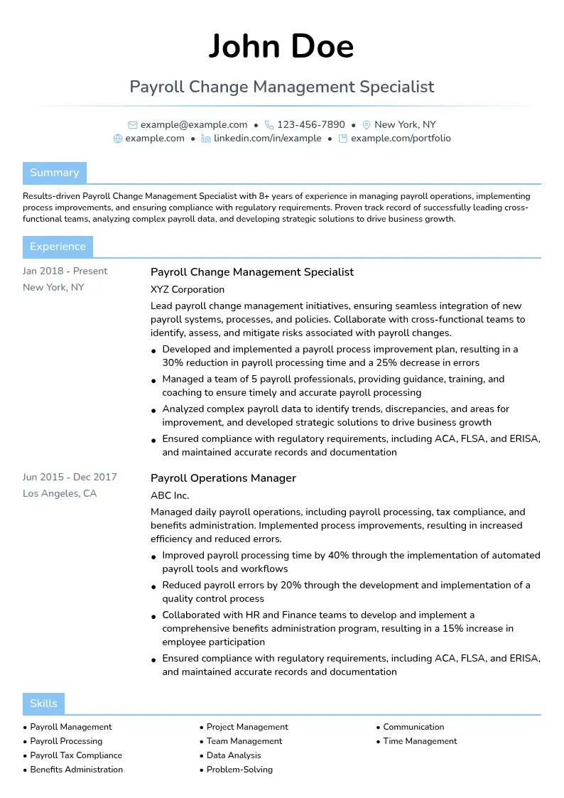 Payroll Change Management Specialist resume example