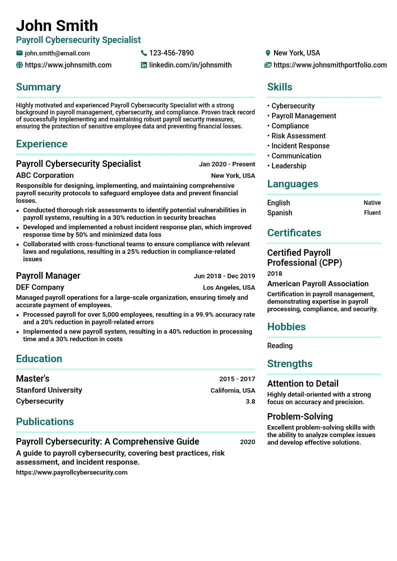 Payroll Cybersecurity Specialist resume example