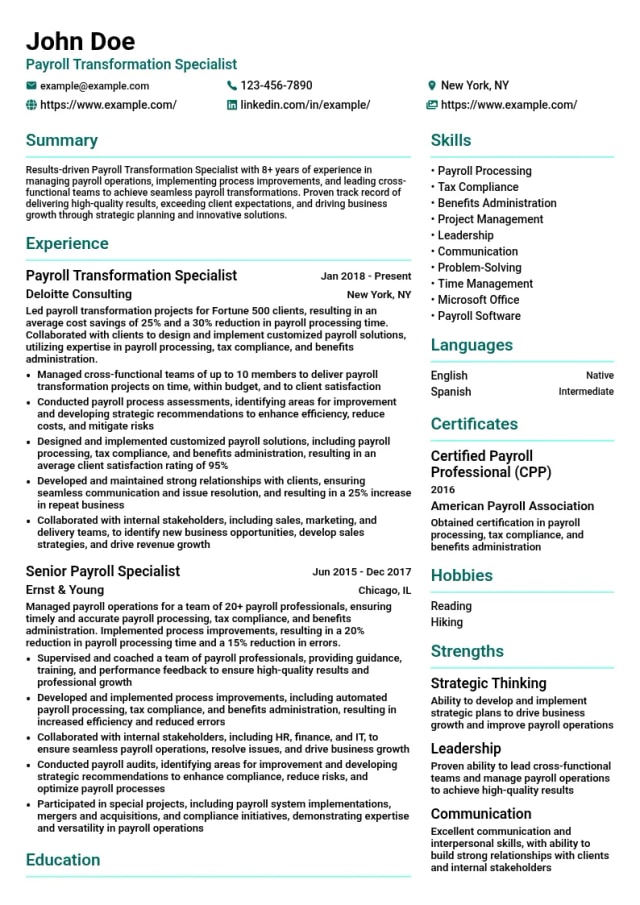 Payroll Transformation Specialist resume example