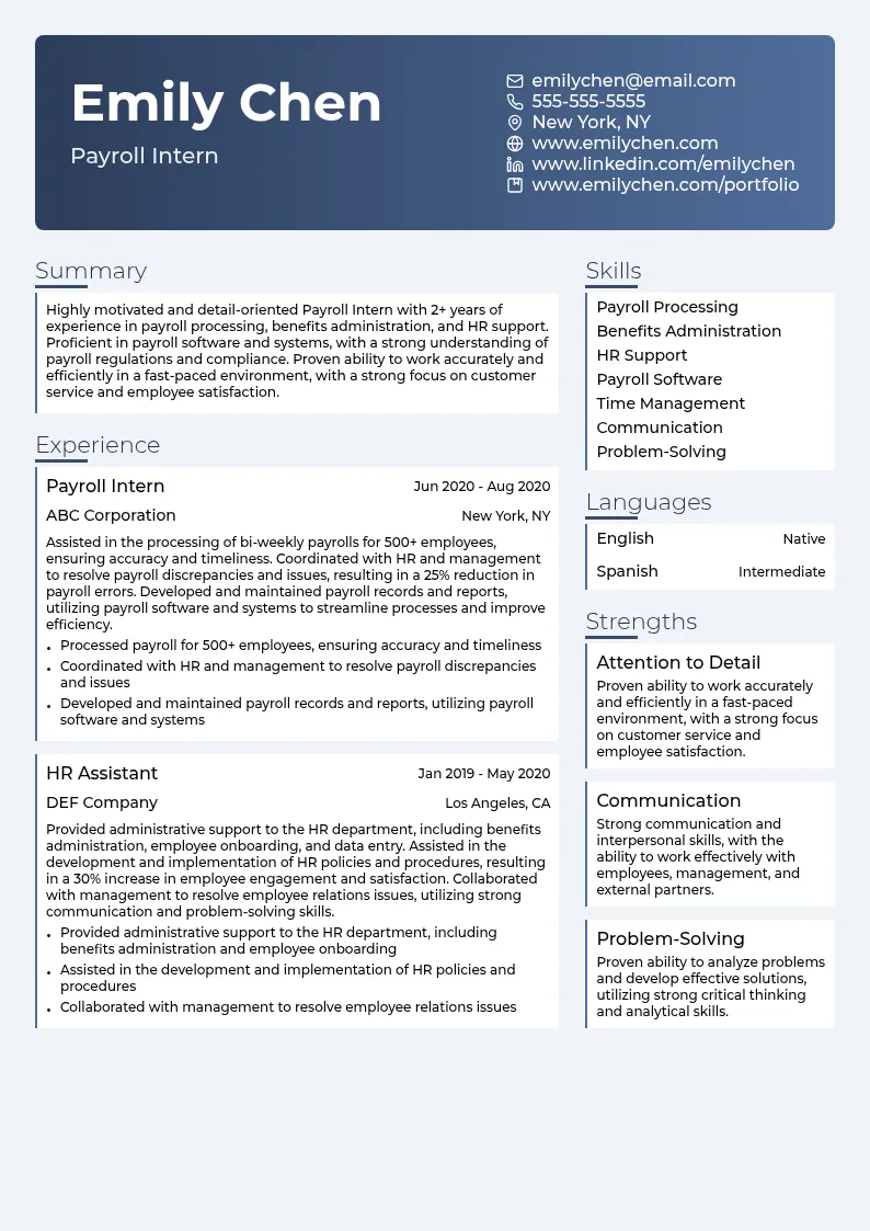 Payroll Intern resume example