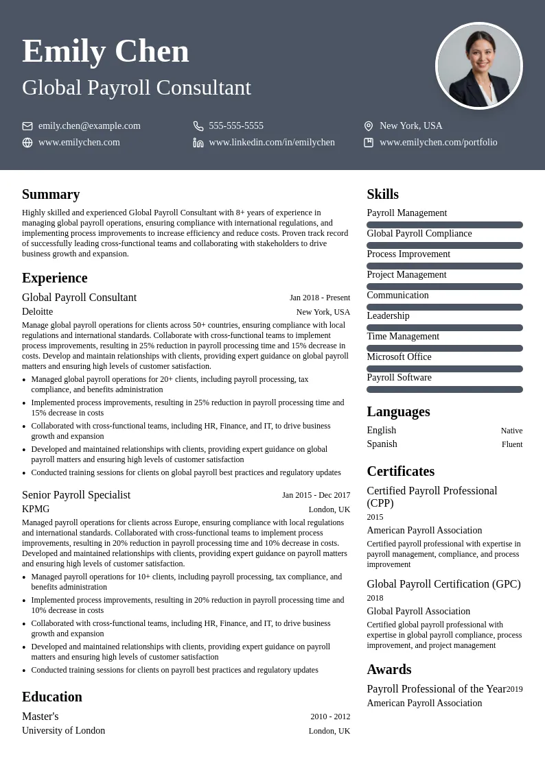 Global Payroll Consultant resume example