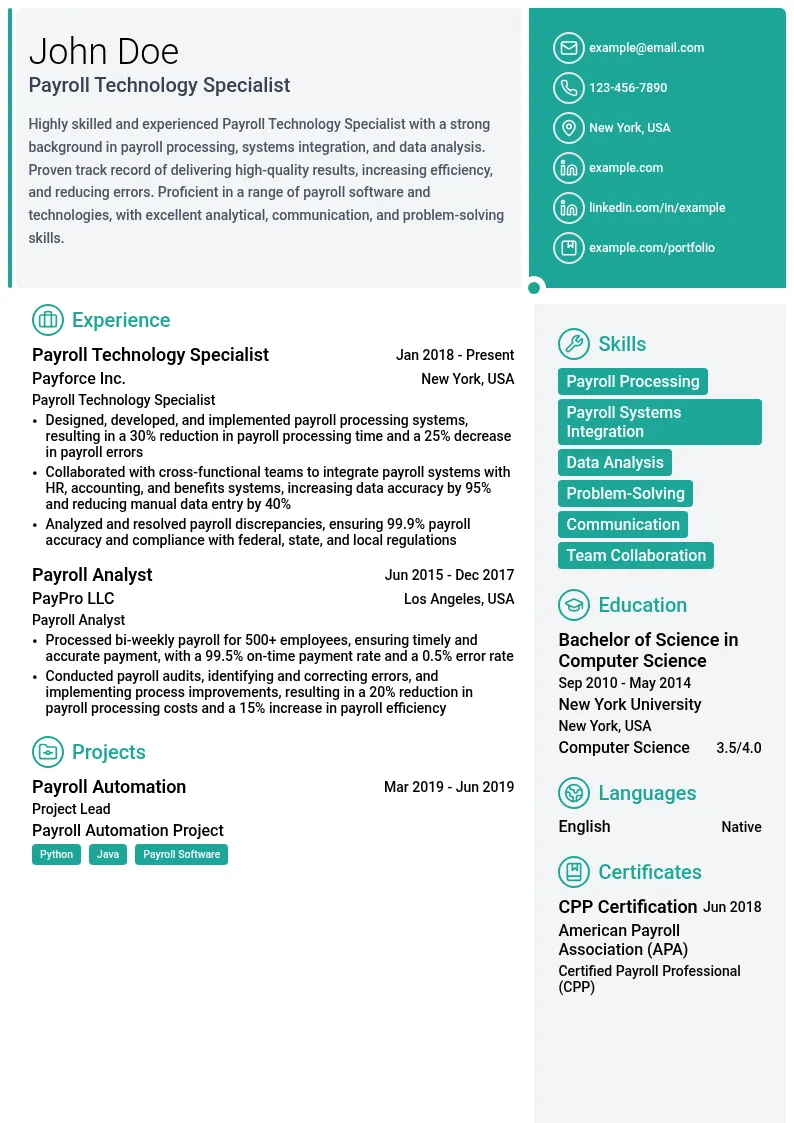 Payroll Technology Specialist resume example