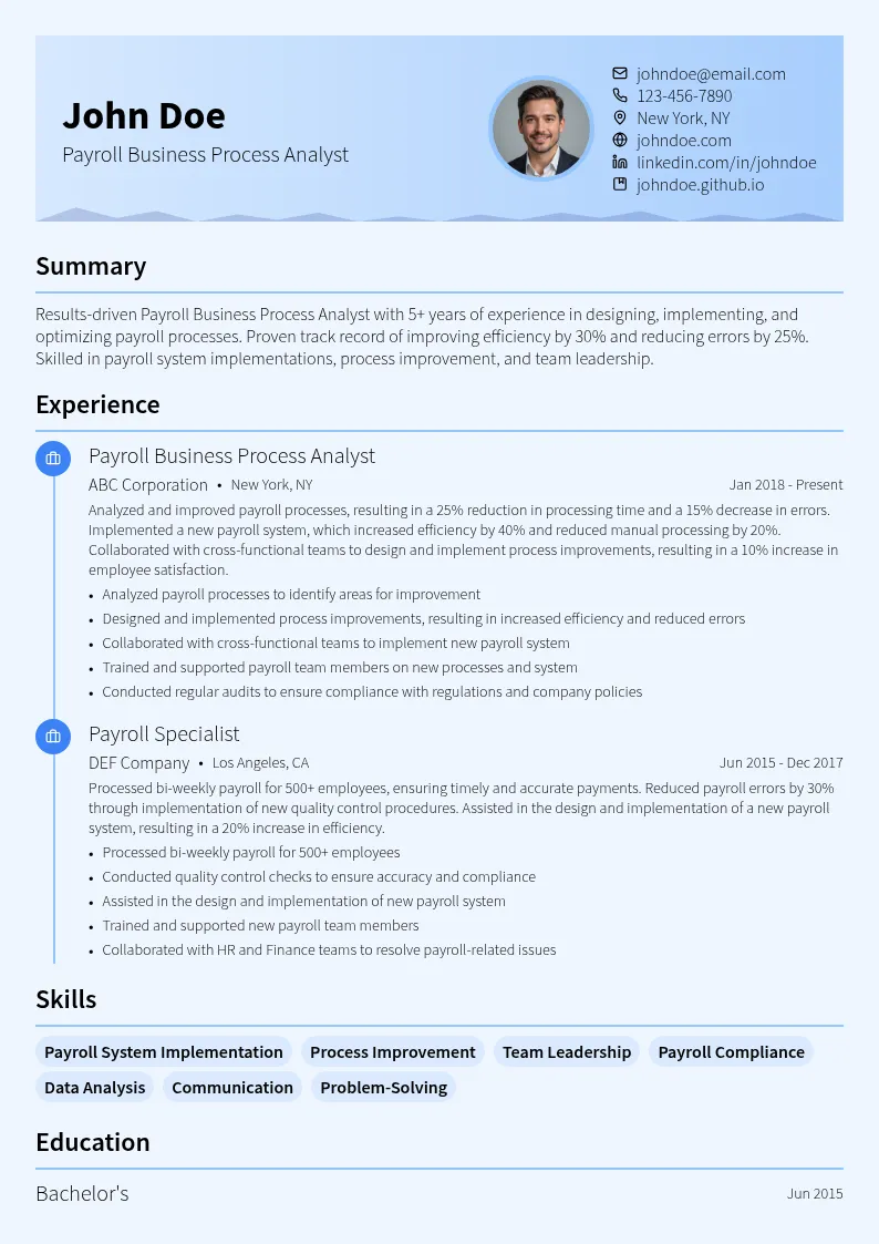 Payroll Business Process Analyst resume example