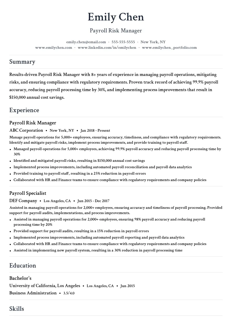 Payroll Risk Manager resume example