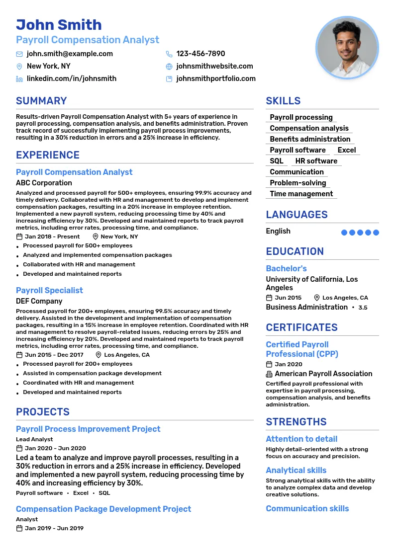 Payroll Compensation Analyst resume example