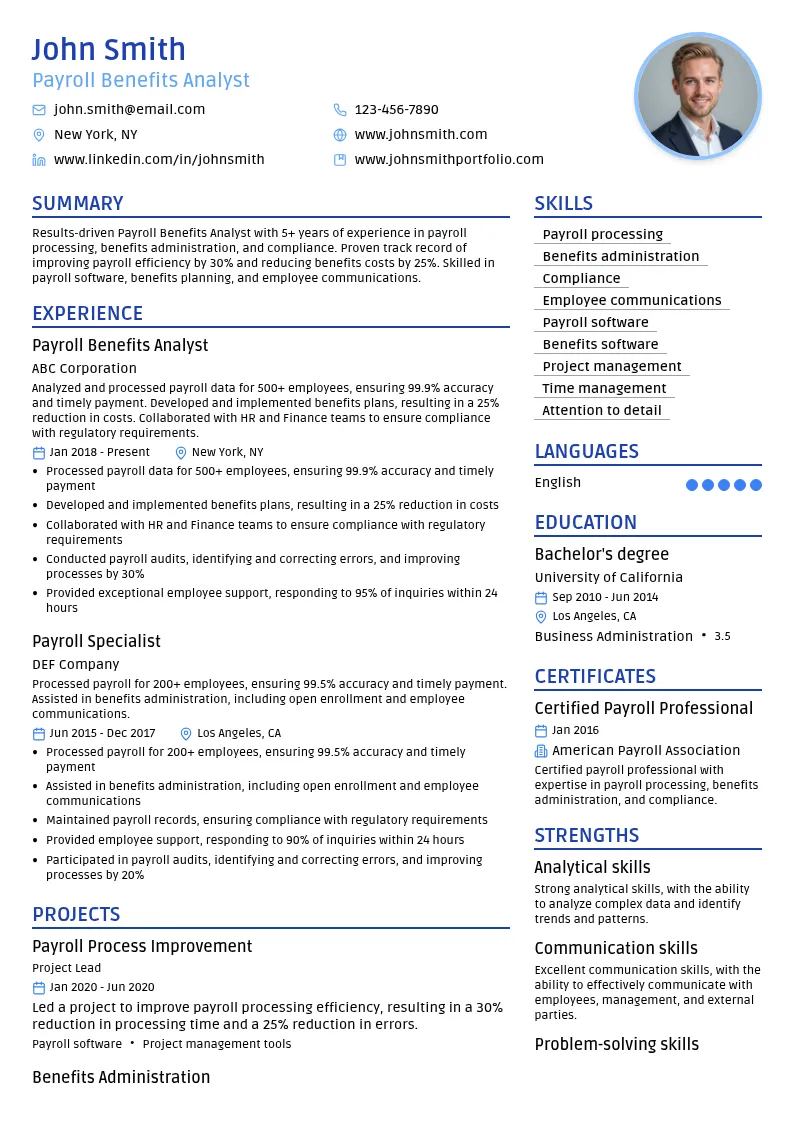 Payroll Benefits Analyst resume example