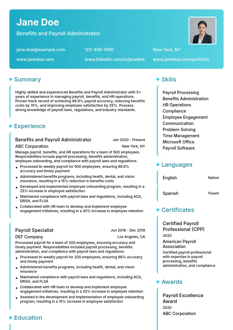 Benefits and Payroll Administrator resume example