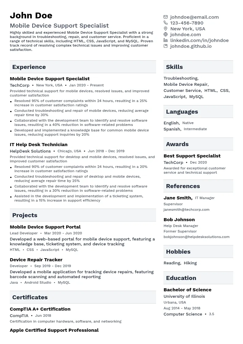 Mobile Device Support Specialist resume example