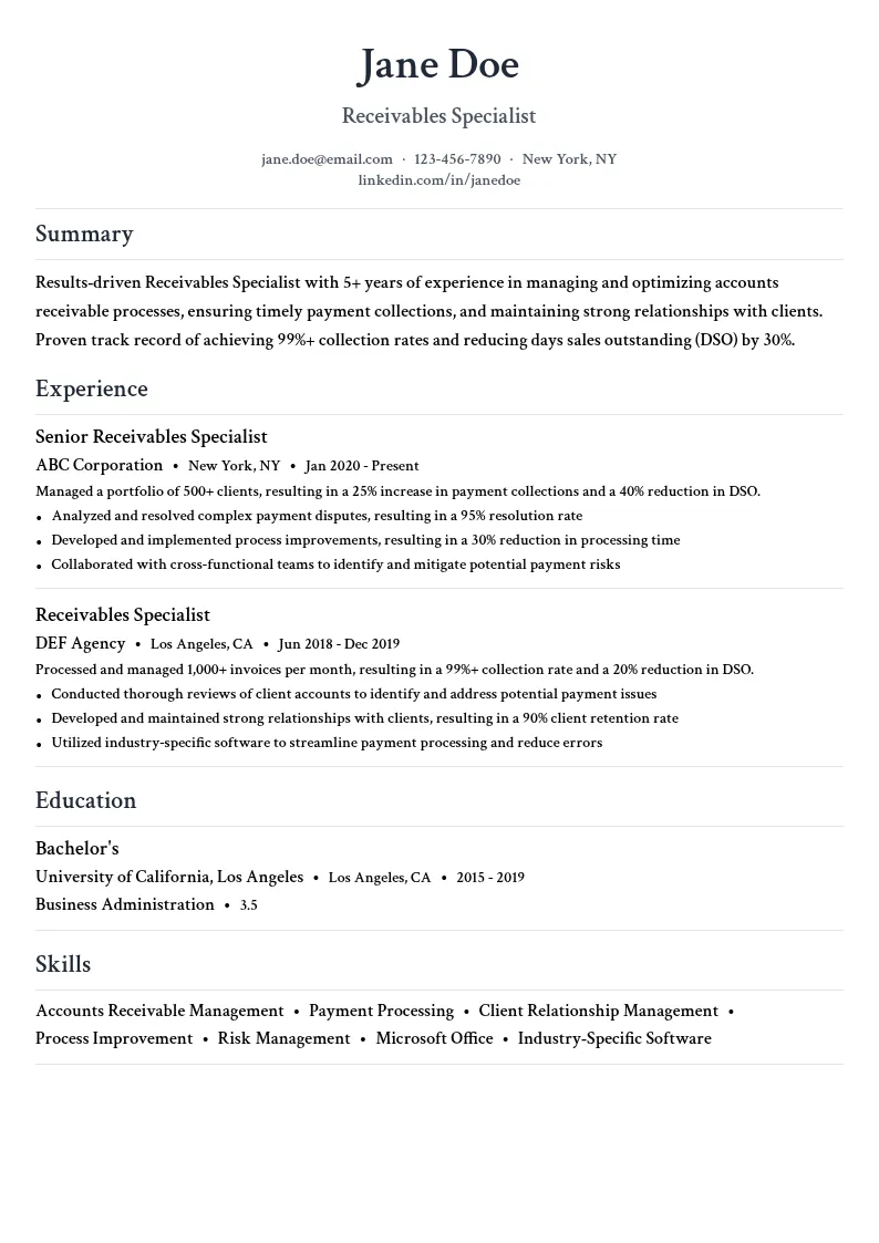 Receivables Specialist resume example