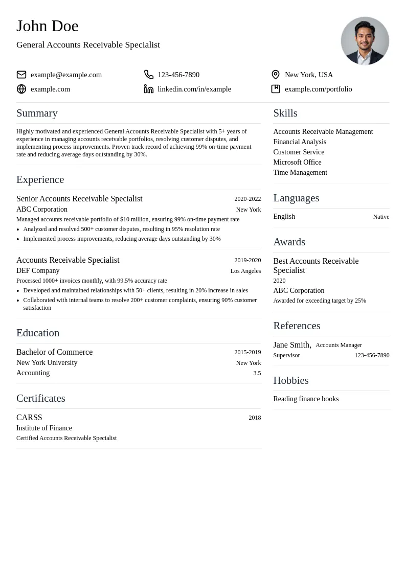 General Accounts Receivable Specialist resume example