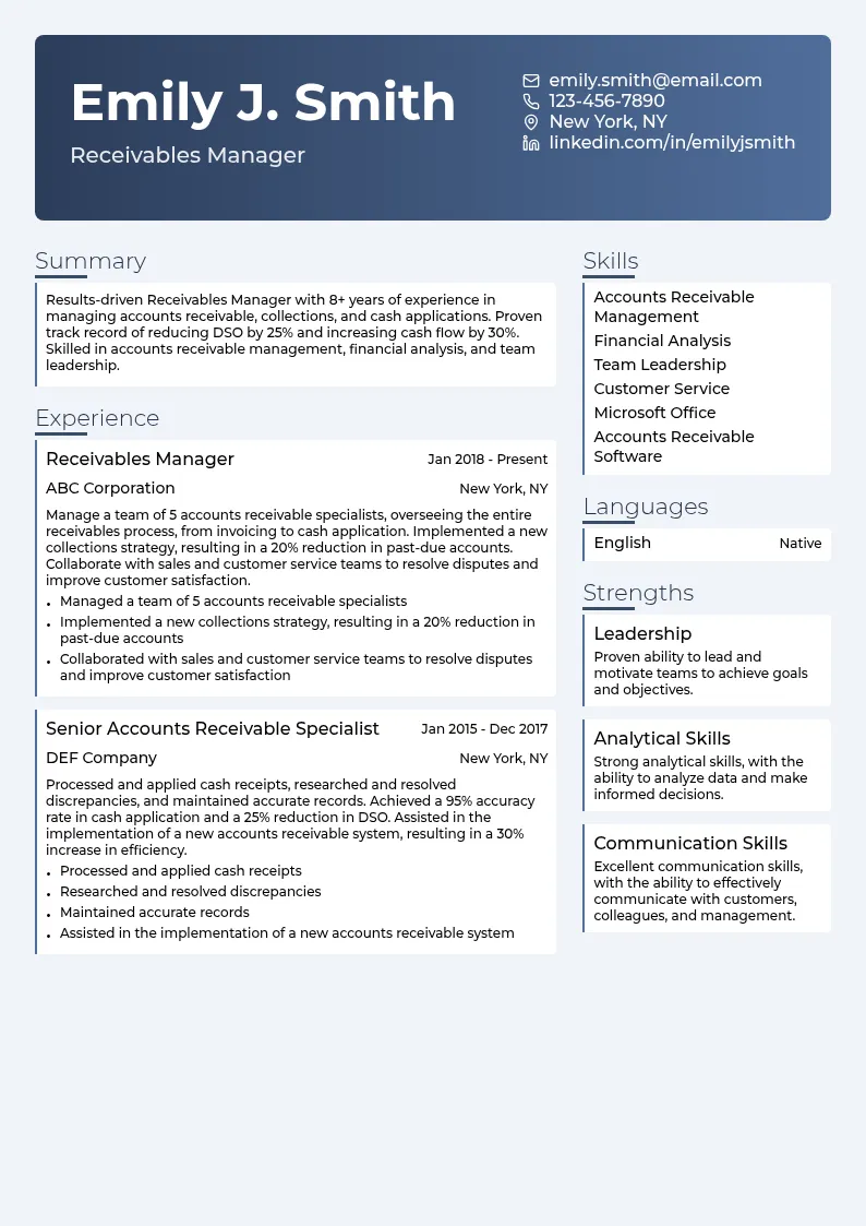 Receivables Manager resume example