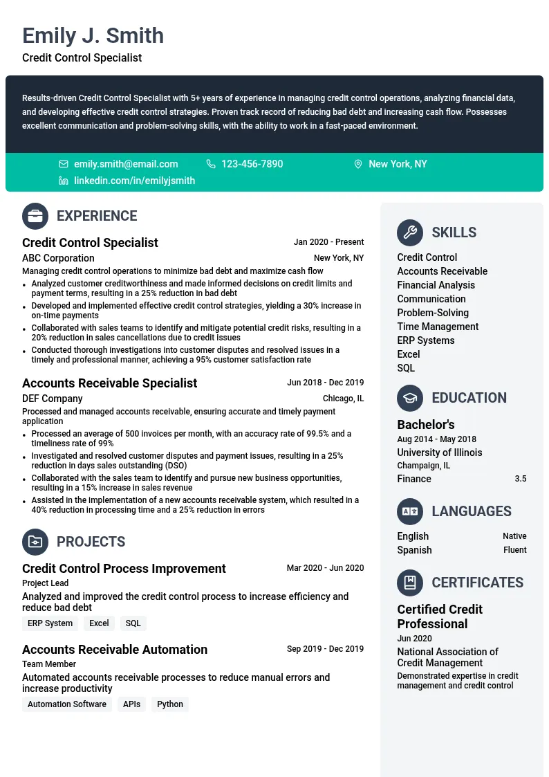 Credit Control Specialist resume example