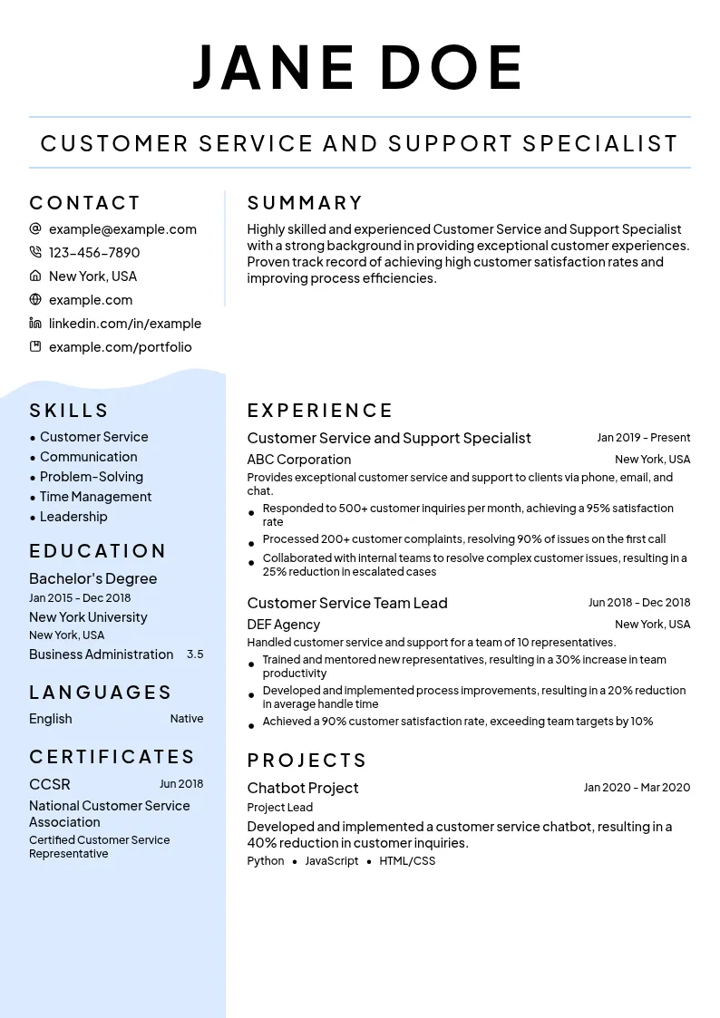 Customer Service and Support Specialist resume example
