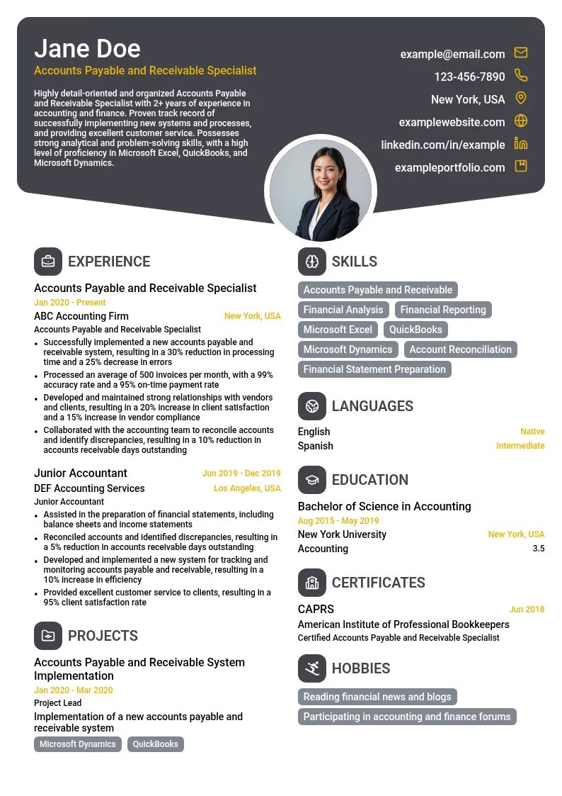 Accounts Payable and Receivable Specialist resume example