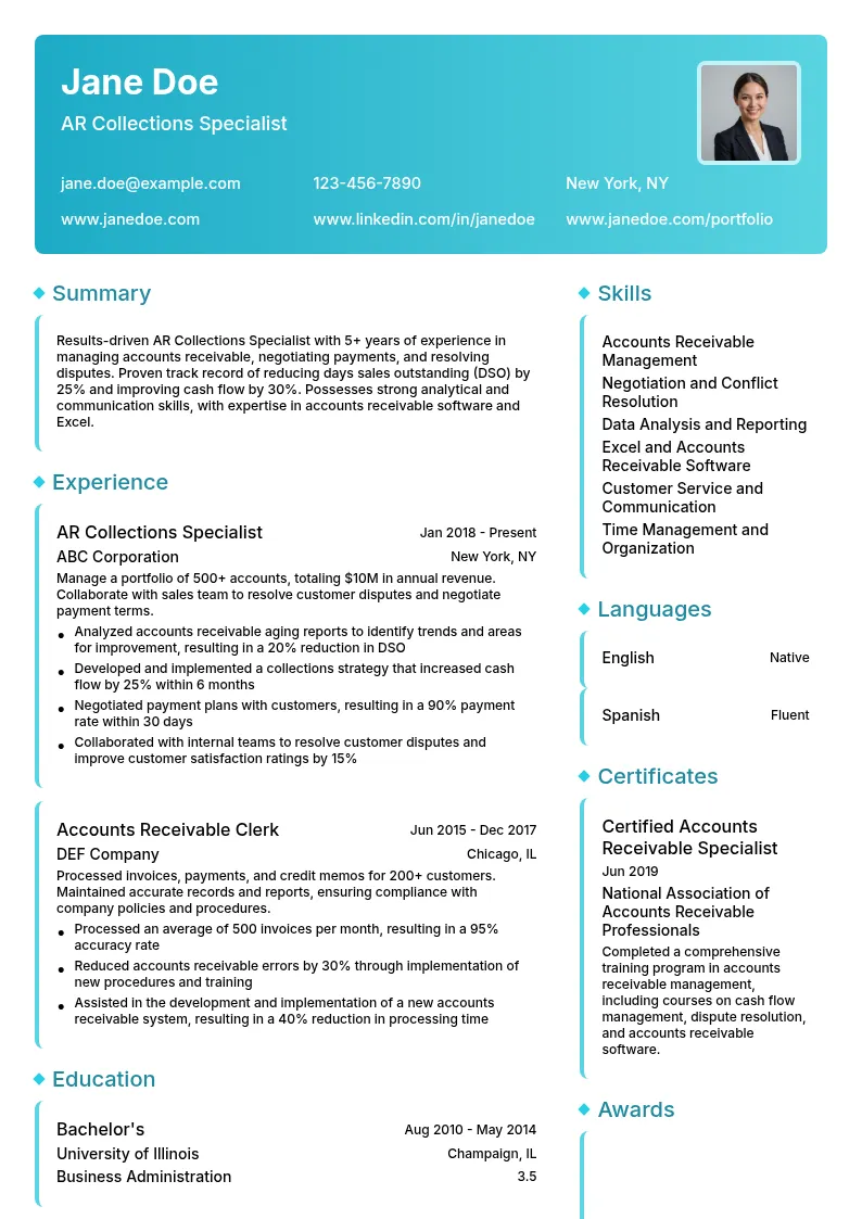AR Collections Specialist resume example