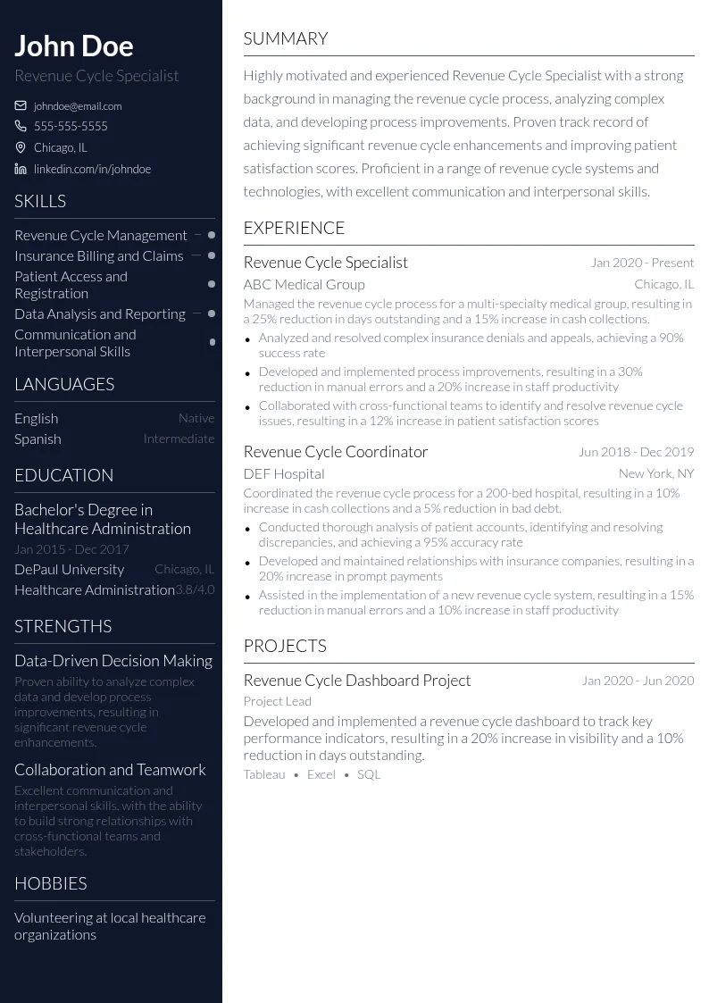 Revenue Cycle Specialist resume example