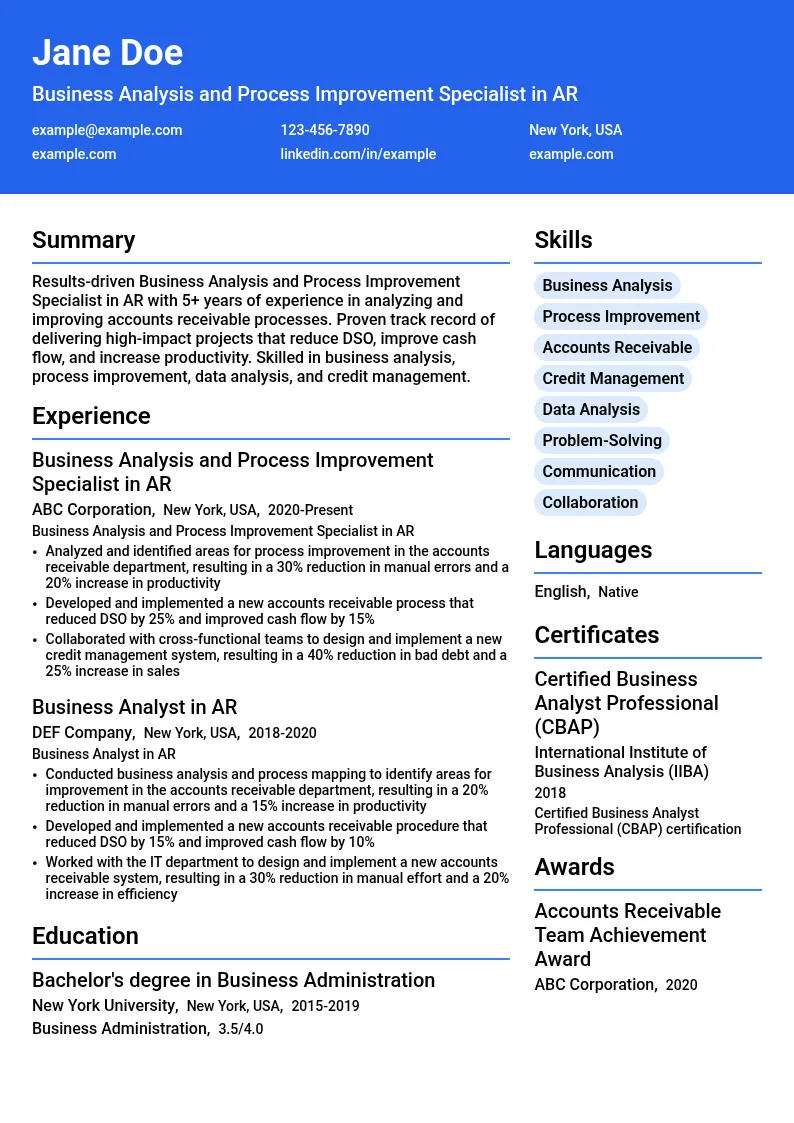 Business Analysis and Process Improvement Specialist in AR resume example