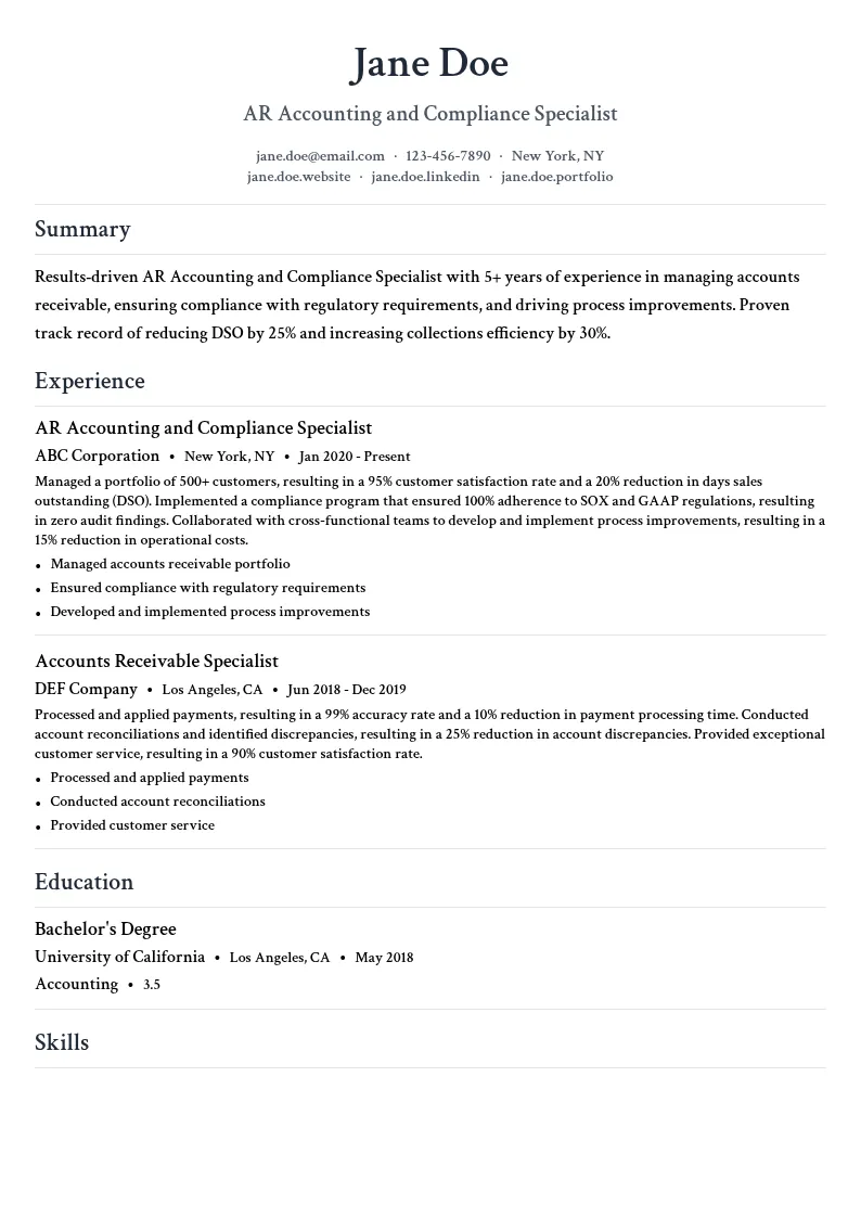 AR Accounting and Compliance Specialist resume example