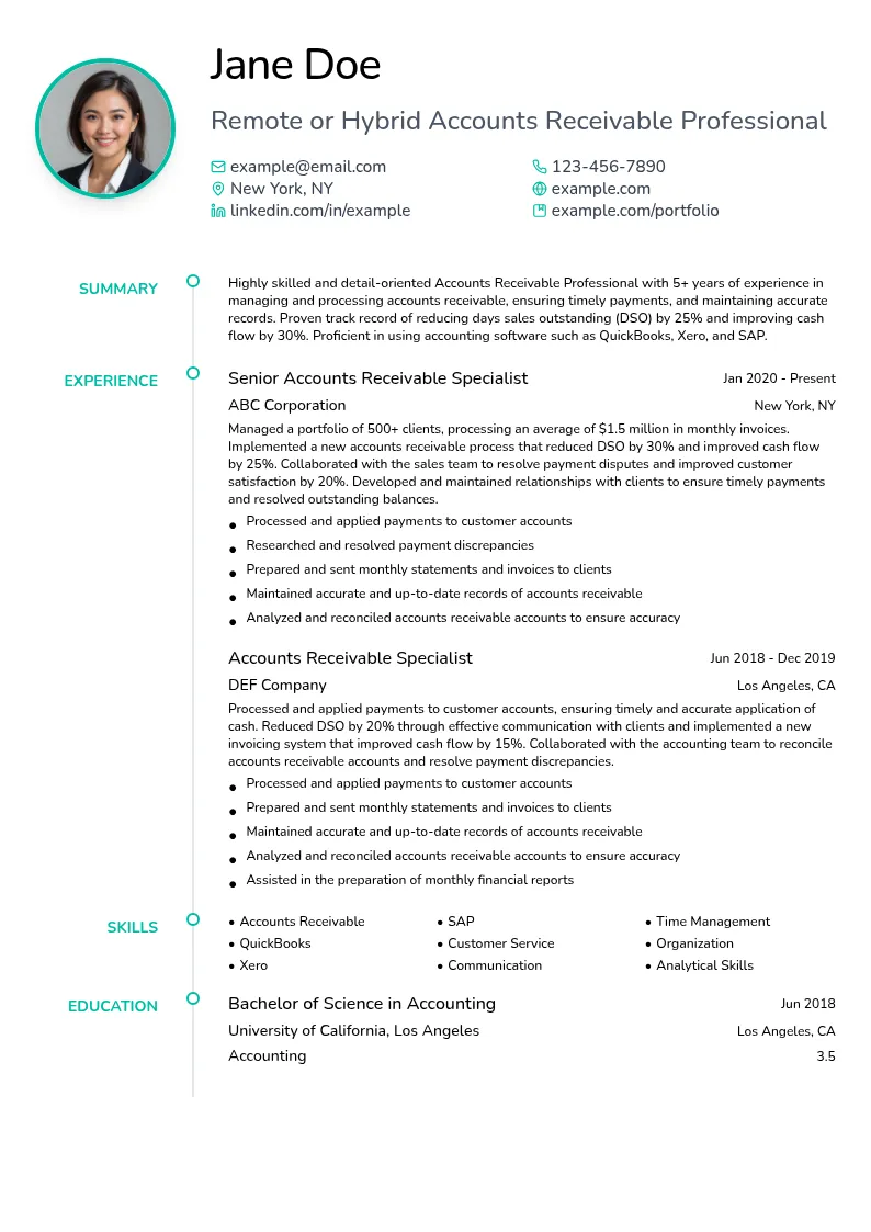 Remote or Hybrid Accounts Receivable Professional resume example