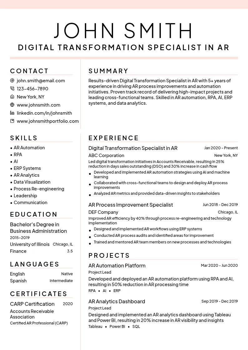 Digital Transformation Specialist in AR resume example