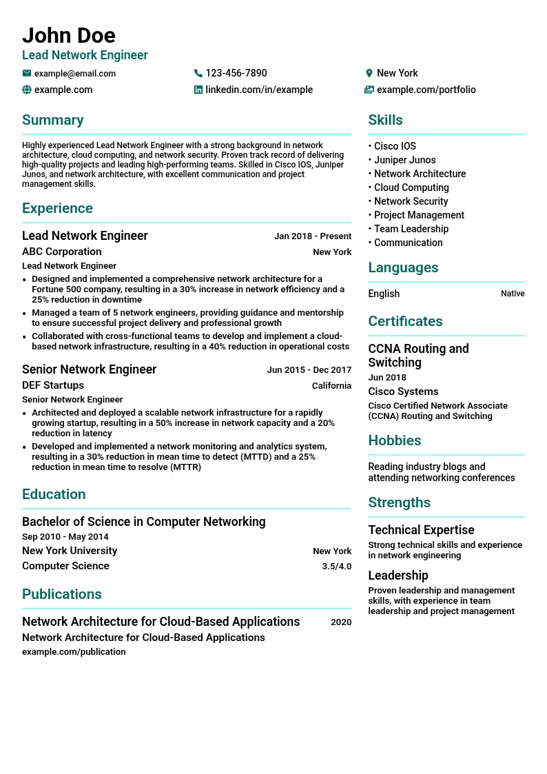 Lead Network Engineer resume example