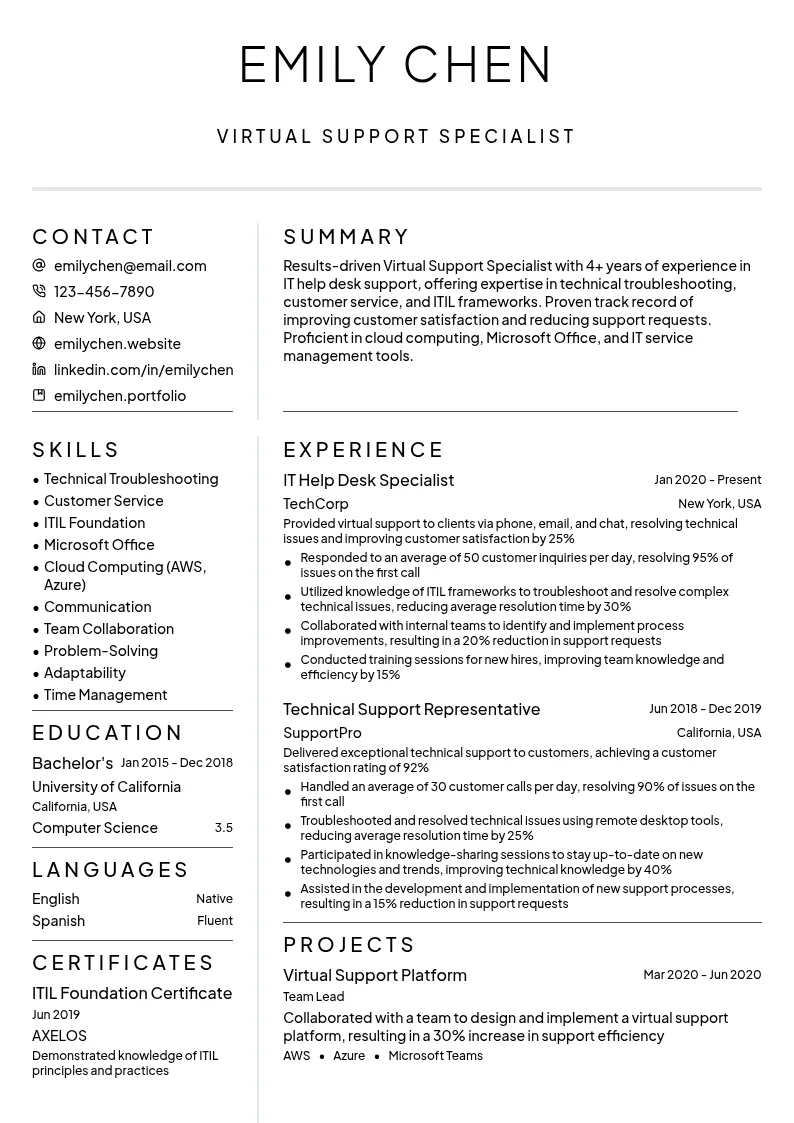 Virtual Support Specialist resume example