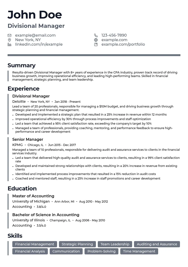 Divisional Manager resume example